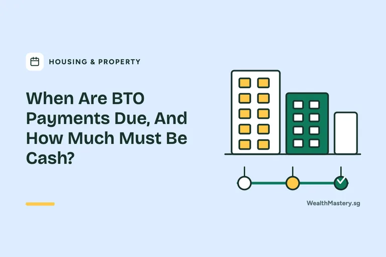 Illustration of HDB blocks above a three-step payment timeline for the guide: When Are BTO Payments Due, And How Much Must Be Cash?