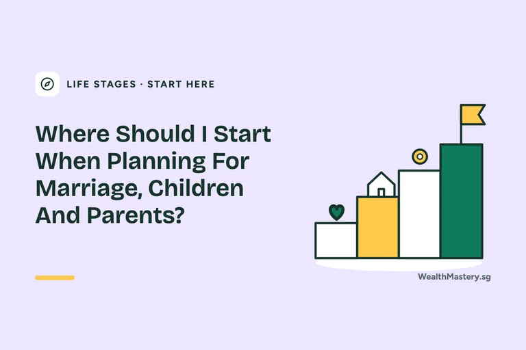 Illustration of a staircase of goals with a flag at the top for the guide: Where Should I Start When Planning For Marriage, Children And Parents?