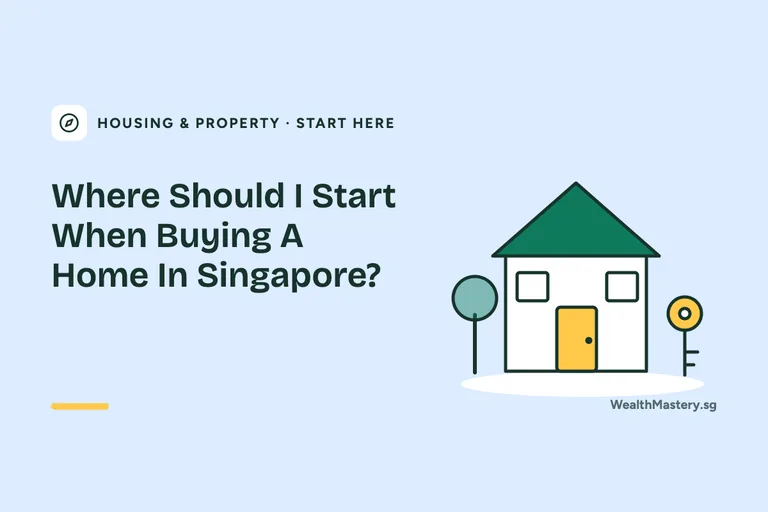 Illustration of a house with a key and a tree for the guide: Where Should I Start When Buying A Home In Singapore?