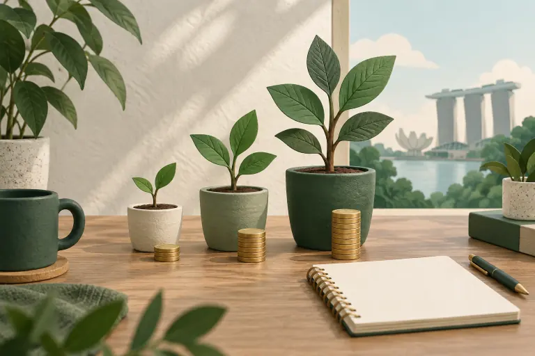 Illustration of growing plants beside coin stacks
