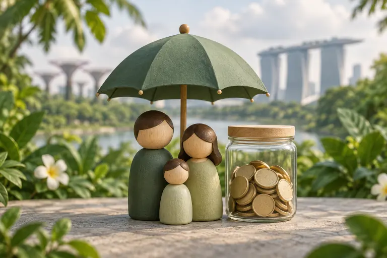 Illustration of a family sheltered by an umbrella beside savings
