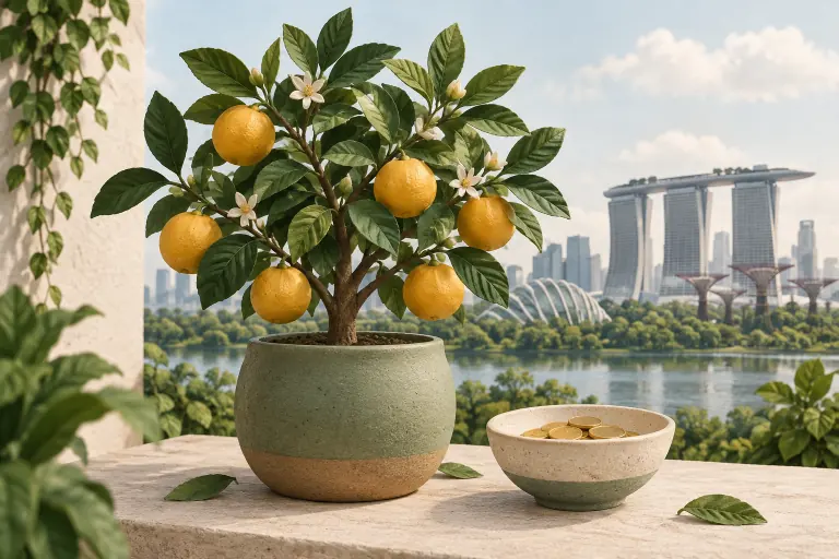 Illustration of a fruit tree beside a bowl of coins, representing shares that grow over time