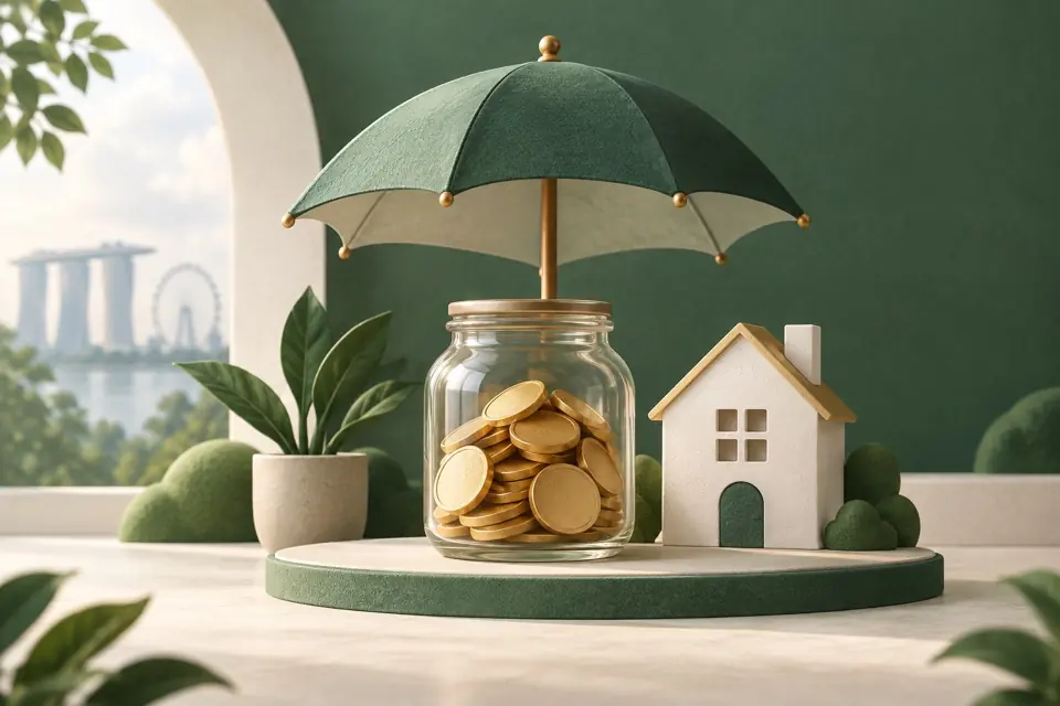 Illustration of savings sheltered by an umbrella