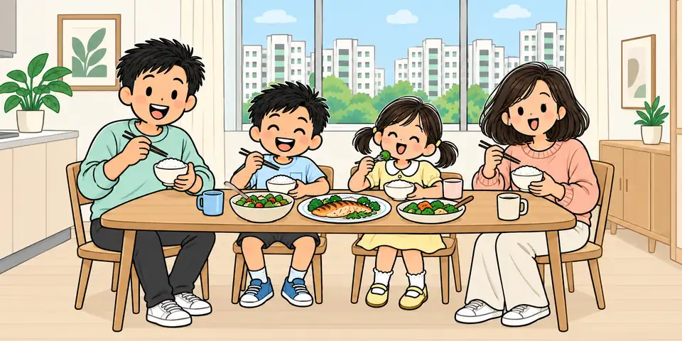 Yang, Jing, Ci and En laughing over dinner at home.
