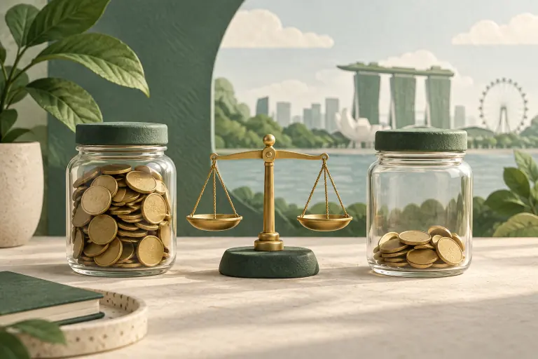 Illustration of two coin jars on a balance scale, representing weighing one currency against another