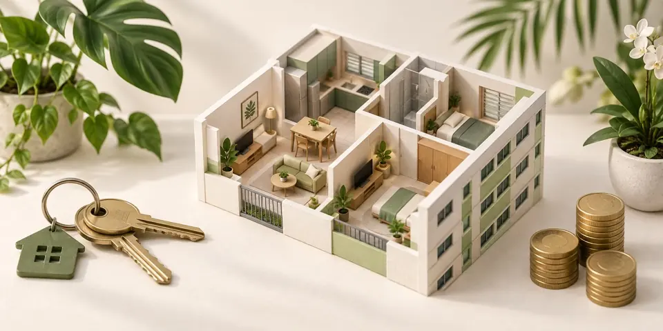 Illustration of a model flat with keys and savings