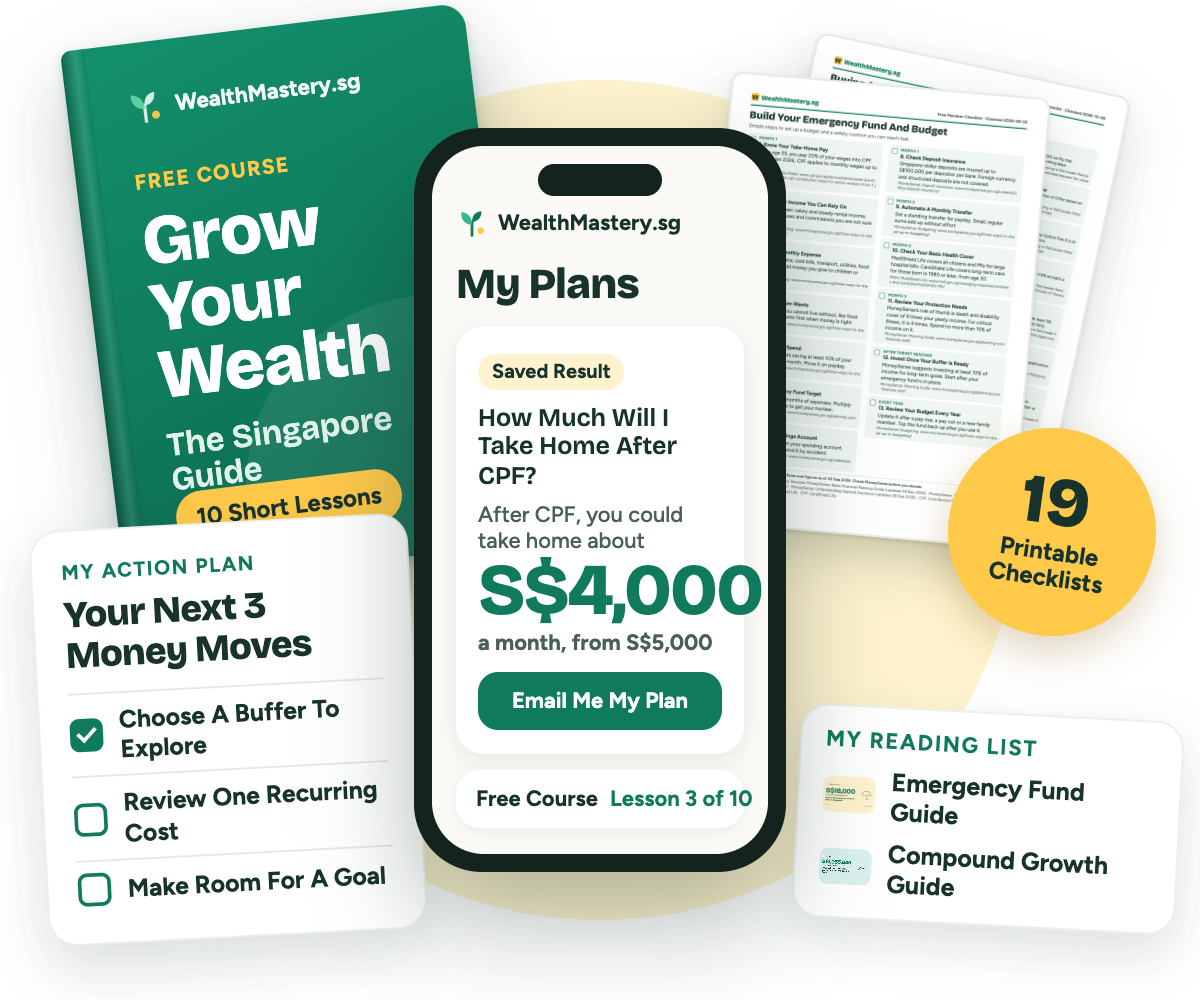 The free member kit: a saved take-home pay result in My Plans with Email Me My Plan, the Grow Your Wealth course, an action plan, a reading list and printable checklists.
