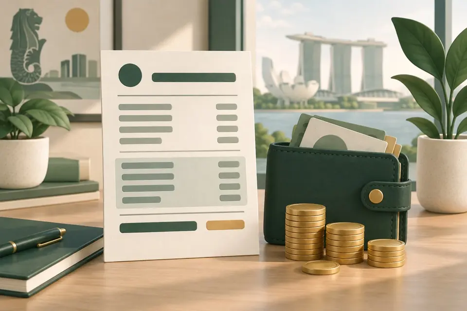 Illustration of a payslip, wallet and coins