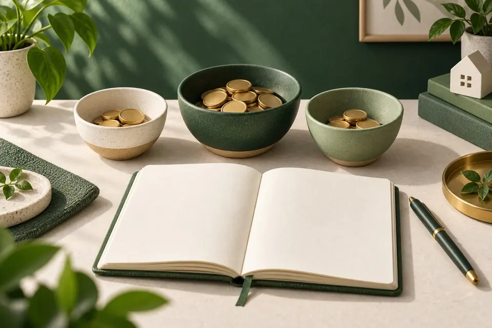 Illustration of three savings bowls and a budget notebook